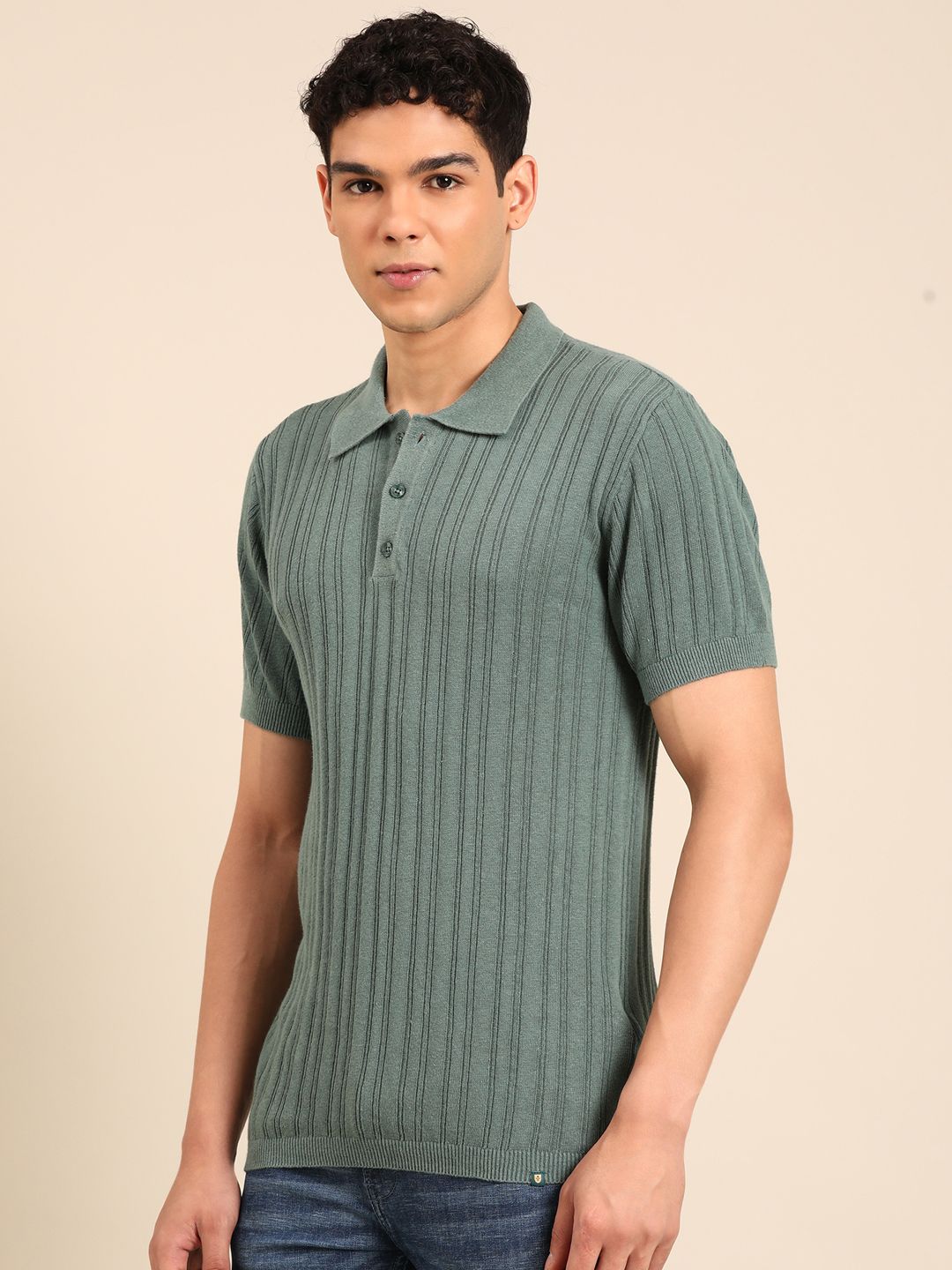 Linen Club Men's Linen Rich Green Solid Contemporary Fit Half Sleeve Polo Neck T-shirts