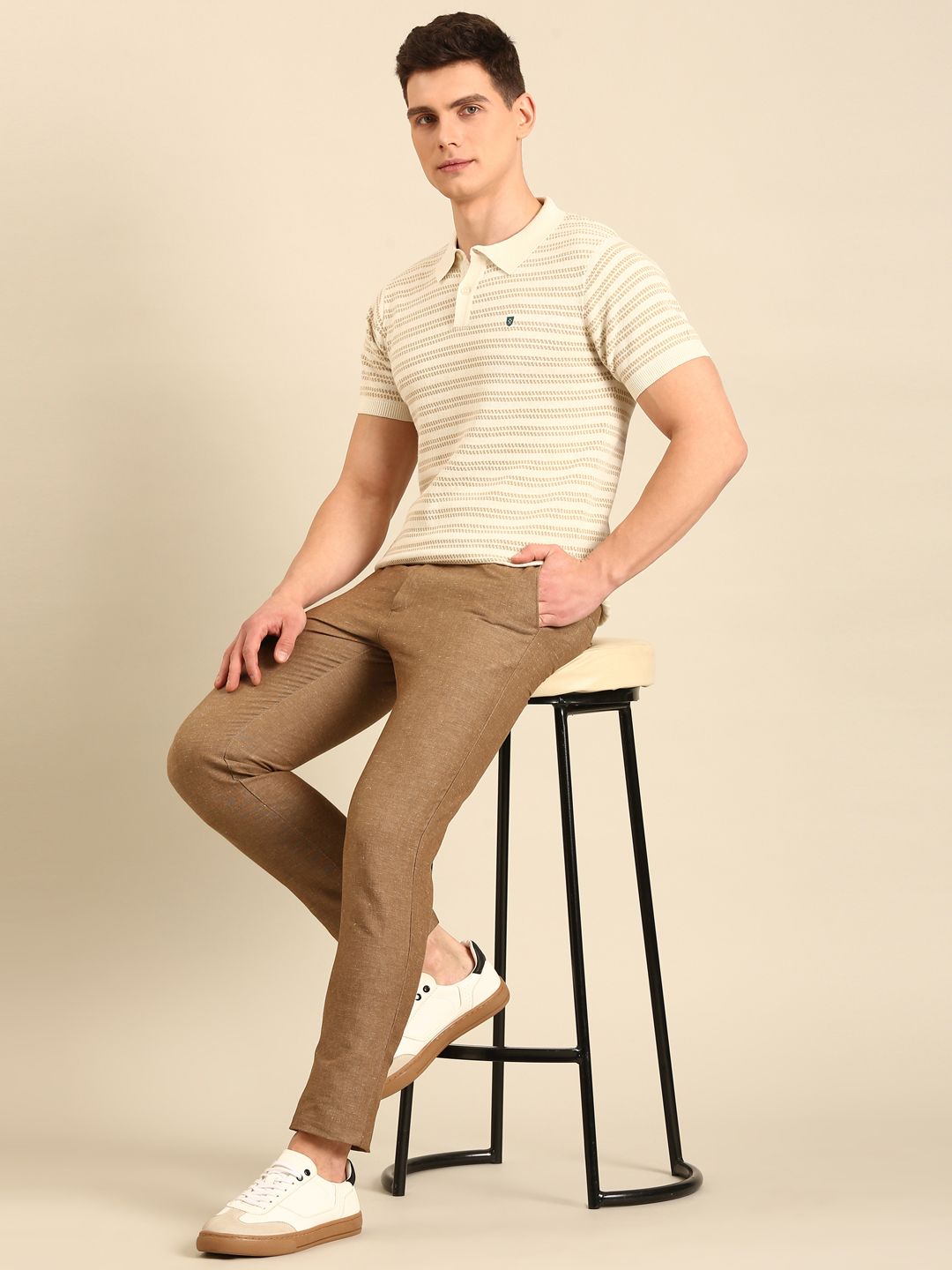 Linen Club Men's Linen Rich Beige Solid Contemporary Fit Half Sleeve Polo Neck T-shirt
