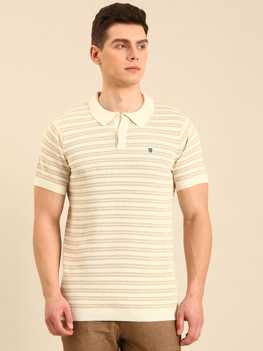 Linen Club Men's Linen Rich Beige Solid Contemporary Fit Half Sleeve Polo Neck T-shirt