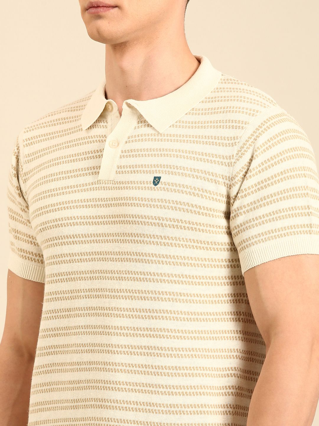 Linen Club Men's Linen Rich Beige Solid Contemporary Fit Half Sleeve Polo Neck T-shirt
