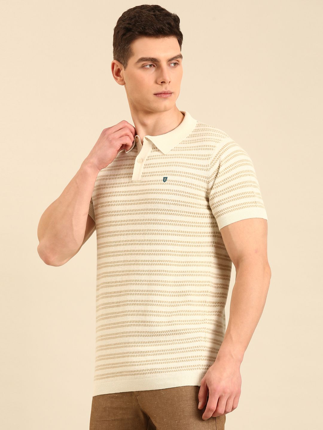 Linen Club Men's Linen Rich Beige Solid Contemporary Fit Half Sleeve Polo Neck T-shirt