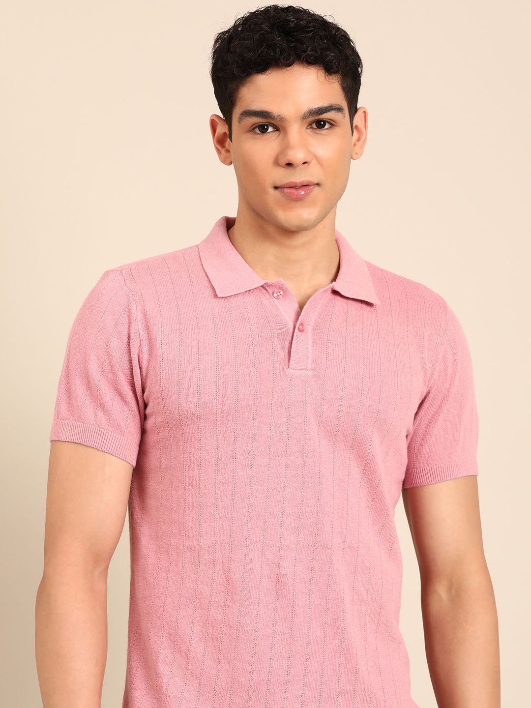 Linen Club Men's Linen Rich Pink Solid Contemporary Fit Half Sleeve Polo Neck T-shirts 