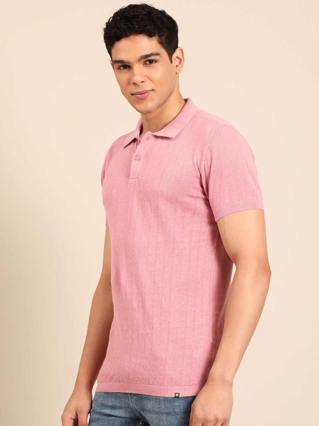 Linen Club Men's Linen Rich Pink Solid Contemporary Fit Half Sleeve Polo Neck T-shirts 