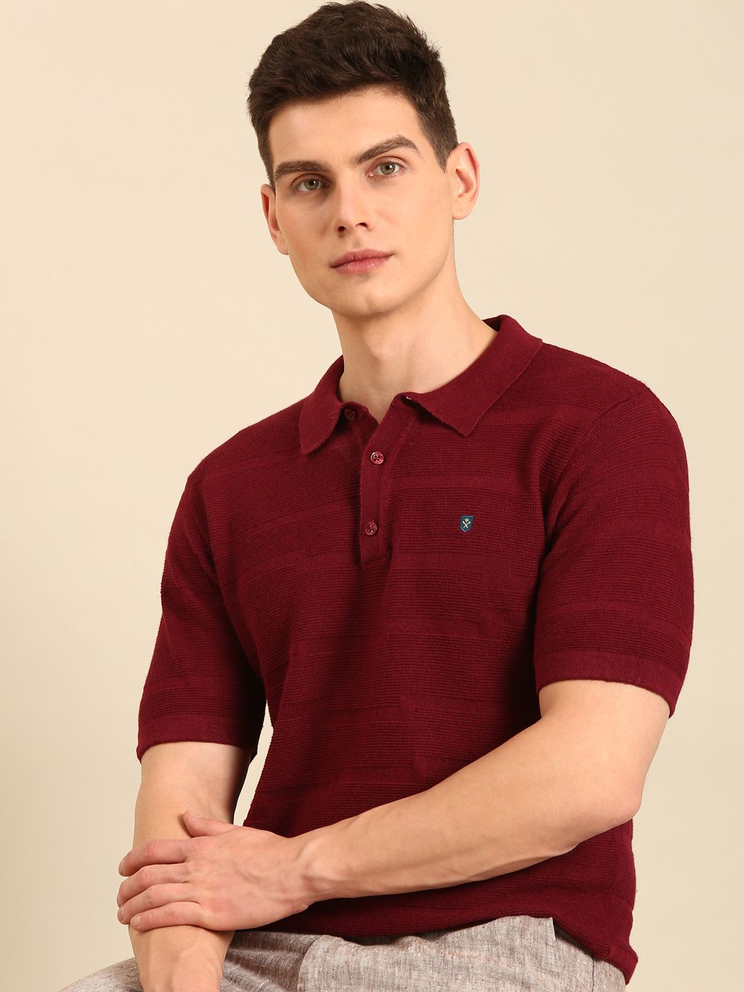 Linen Club Men's Linen Rich Maroon Solid Contemporary Fit Half Sleeve Polo Neck T-shirt