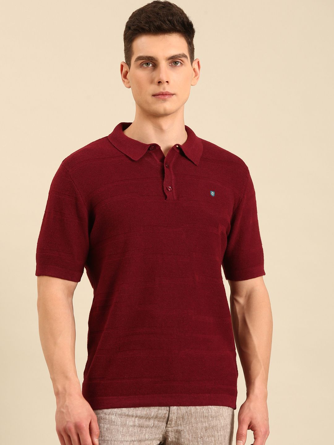 Linen Club Men's Linen Rich Maroon Solid Contemporary Fit Half Sleeve Polo Neck T-shirt