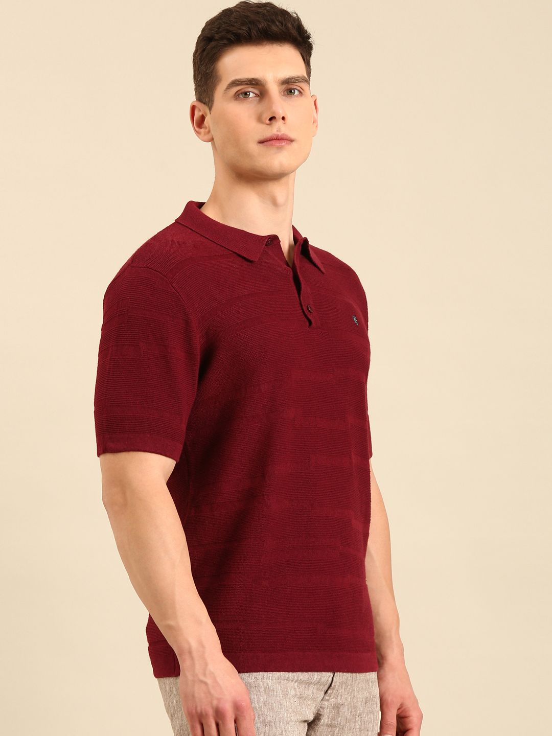 Linen Club Men's Linen Rich Maroon Solid Contemporary Fit Half Sleeve Polo Neck T-shirt