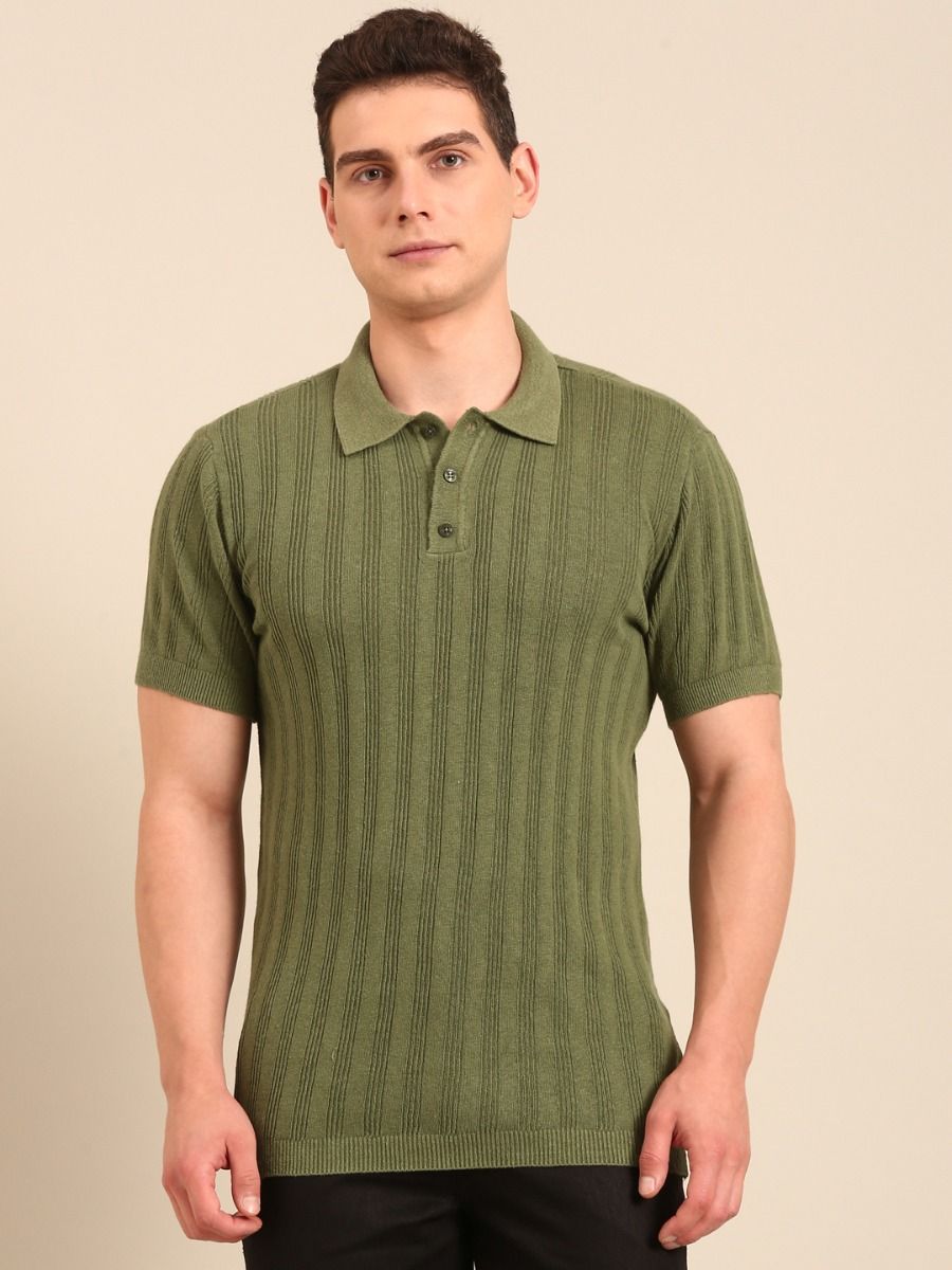 Linen Club Men's  Olive Solid Half Sleeve Polo Neck Casual T-shirt