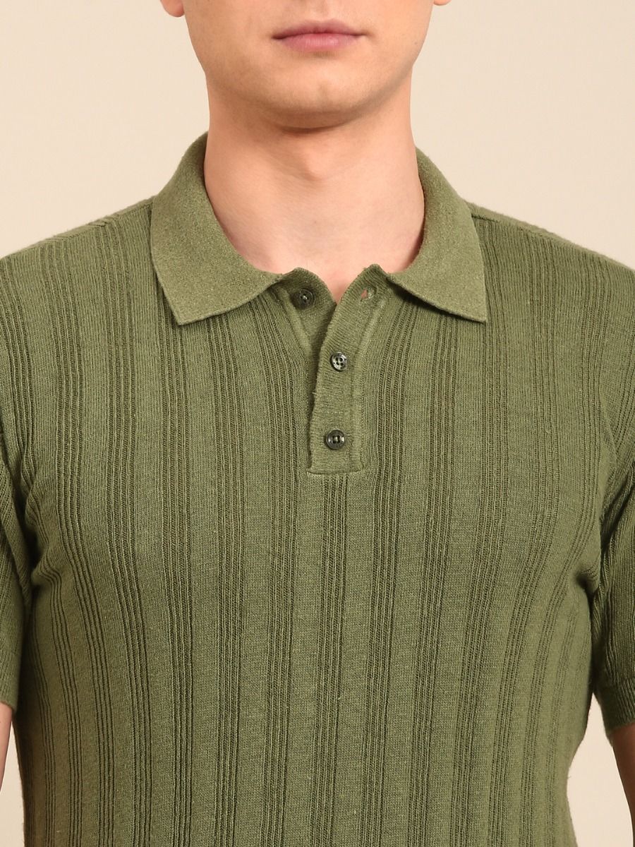 Linen Club Men's  Olive Solid Half Sleeve Polo Neck Casual T-shirt