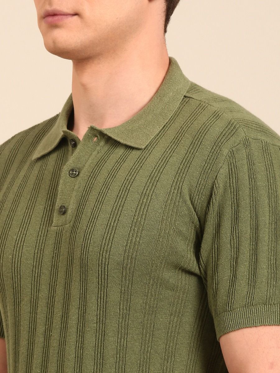 Linen Club Men's  Olive Solid Half Sleeve Polo Neck Casual T-shirt