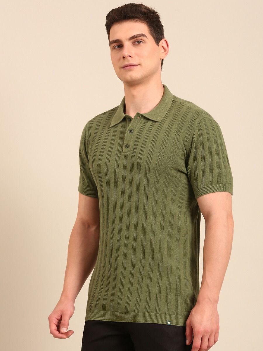 Linen Club Men's  Olive Solid Half Sleeve Polo Neck Casual T-shirt