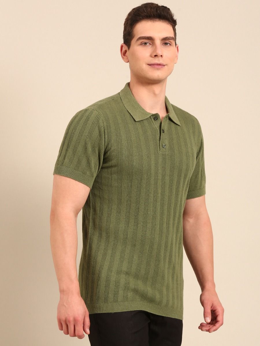 Linen Club Men's  Olive Solid Half Sleeve Polo Neck Casual T-shirt
