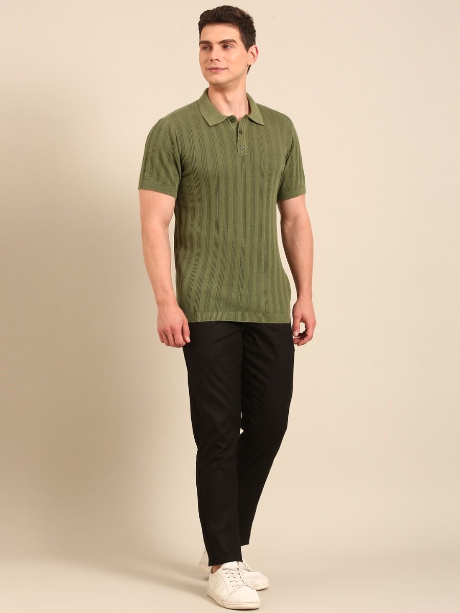 Linen Club Men's  Olive Solid Half Sleeve Polo Neck Casual T-shirt