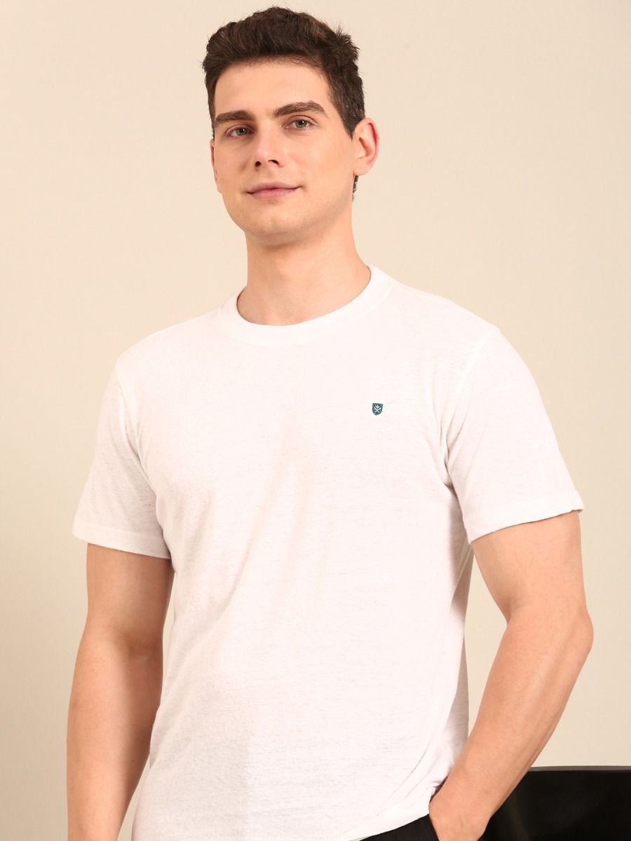 Linen Club Men's  White Digital Print Half Sleeve Crew Neck Casual T-shirt