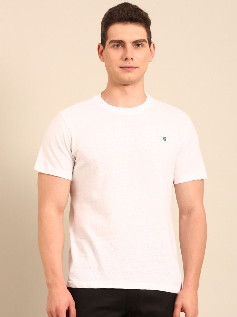 Linen Club Men's  White Digital Print Half Sleeve Crew Neck Casual T-shirt
