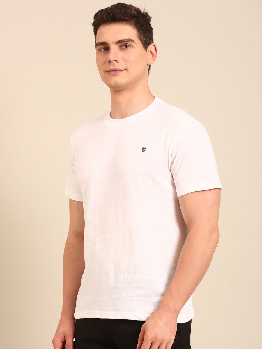 Linen Club Men's  White Digital Print Half Sleeve Crew Neck Casual T-shirt