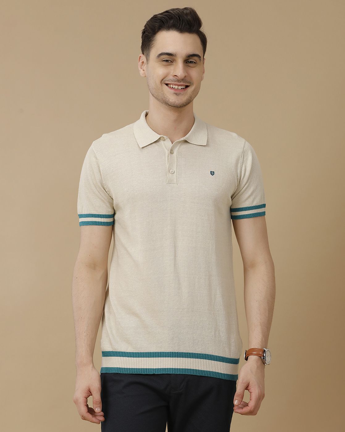 Men's Premium Blended Linen Beige Solid Contemporary Fit Half Sleeve Polo Neck Casual T-Shirt
