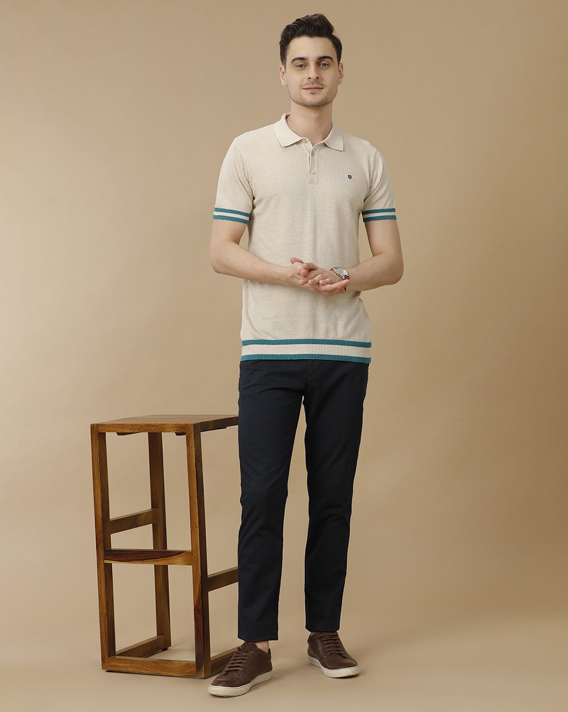 Men's Premium Blended Linen Beige Solid Contemporary Fit Half Sleeve Polo Neck Casual T-Shirt