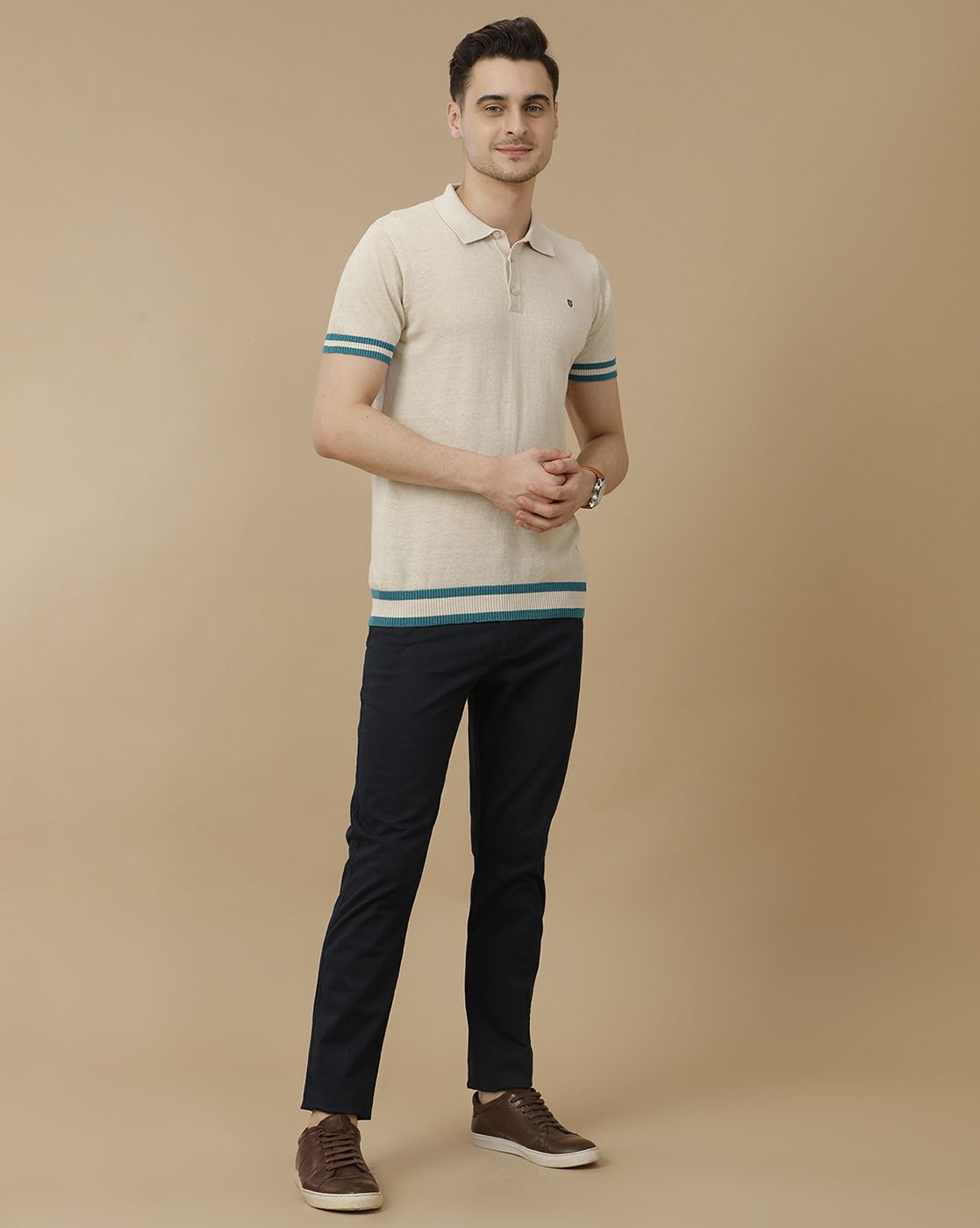 Men's Premium Blended Linen Beige Solid Contemporary Fit Half Sleeve Polo Neck Casual T-Shirt