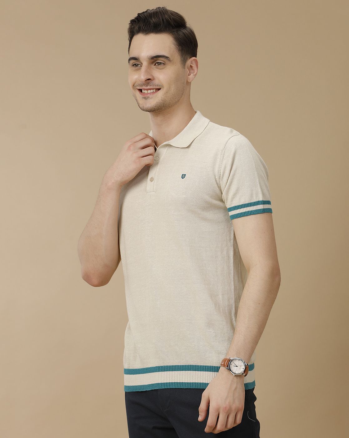 Men's Premium Blended Linen Beige Solid Contemporary Fit Half Sleeve Polo Neck Casual T-Shirt