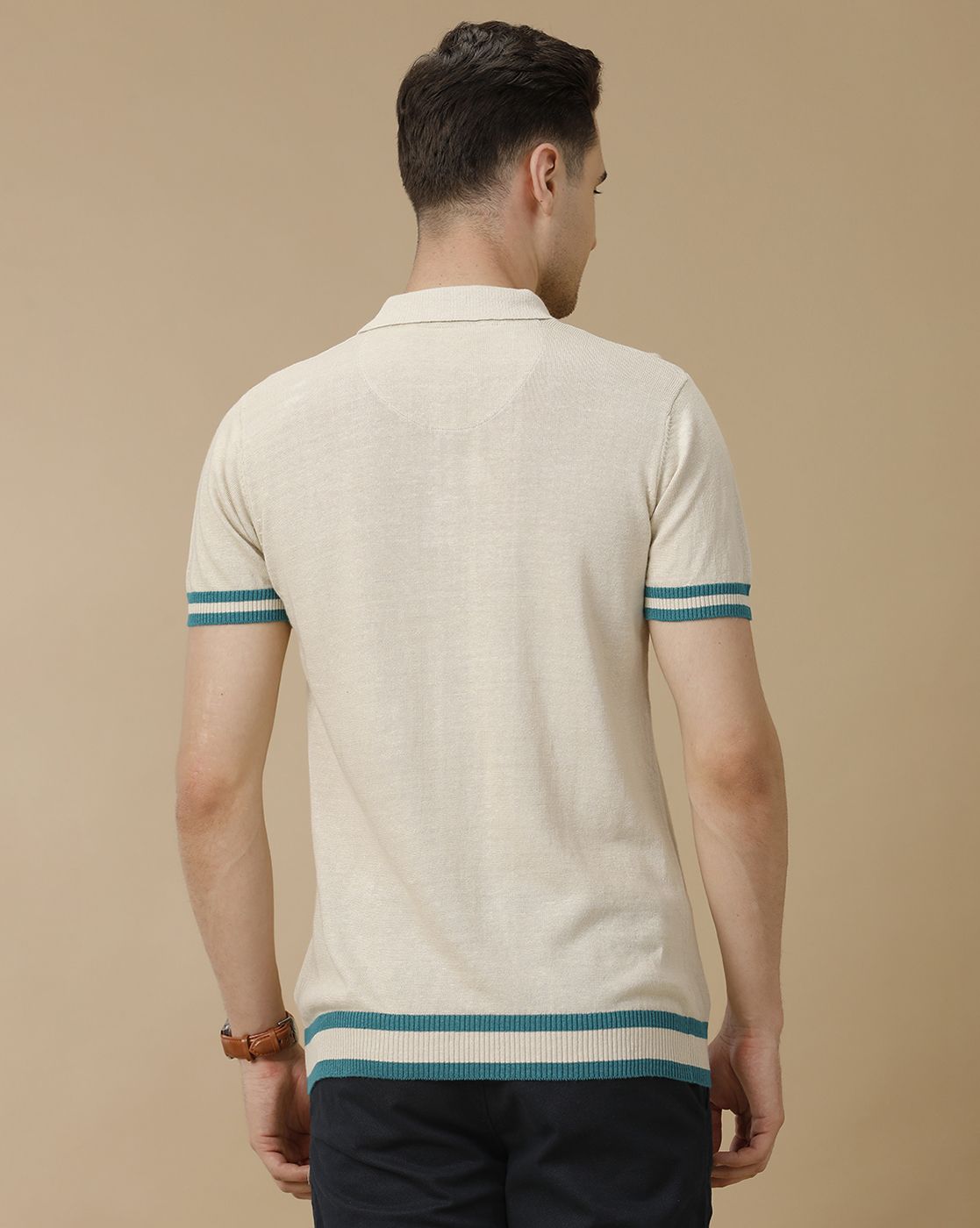 Men's Premium Blended Linen Beige Solid Contemporary Fit Half Sleeve Polo Neck Casual T-Shirt
