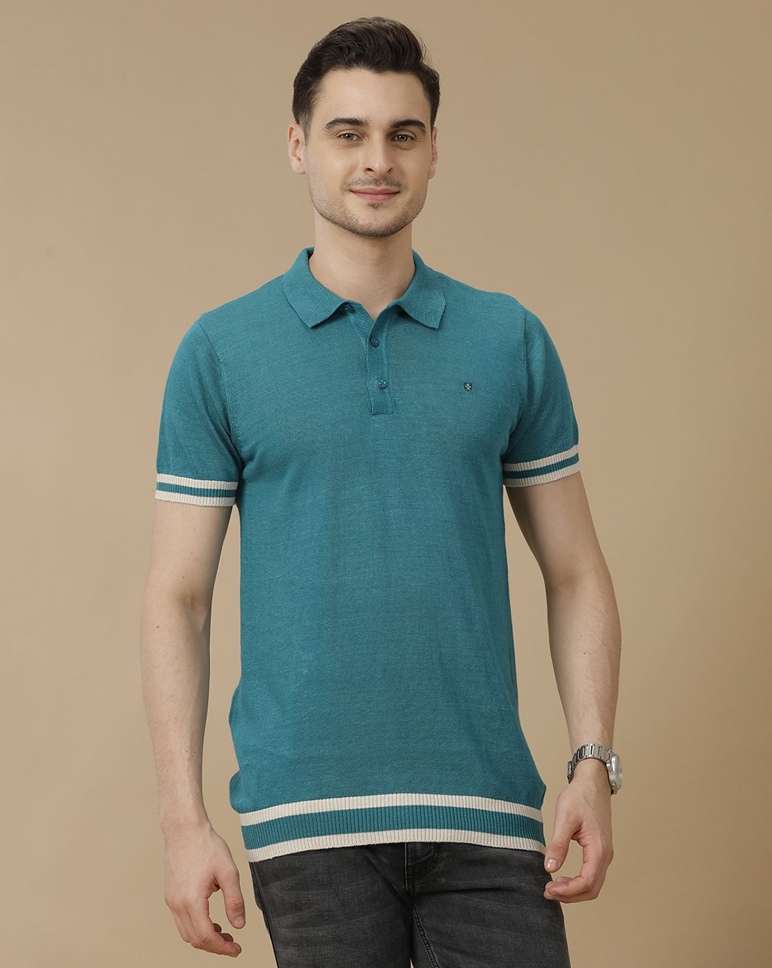 Men's Premium Blended Linen Turquoise Blue Solid Contemporary Fit Half Sleeve Polo Neck Casual T-Shirt