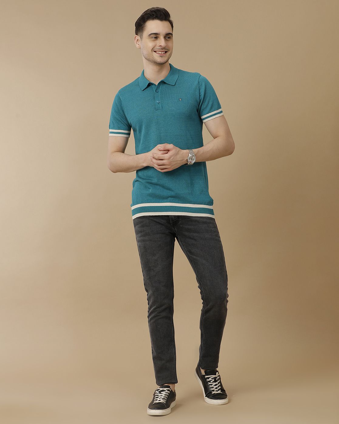 Men's Premium Blended Linen Turquoise Blue Solid Contemporary Fit Half Sleeve Polo Neck Casual T-Shirt