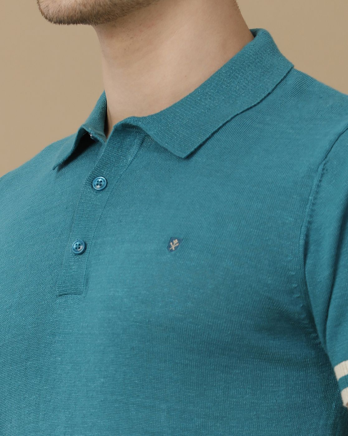 Men's Premium Blended Linen Turquoise Blue Solid Contemporary Fit Half Sleeve Polo Neck Casual T-Shirt