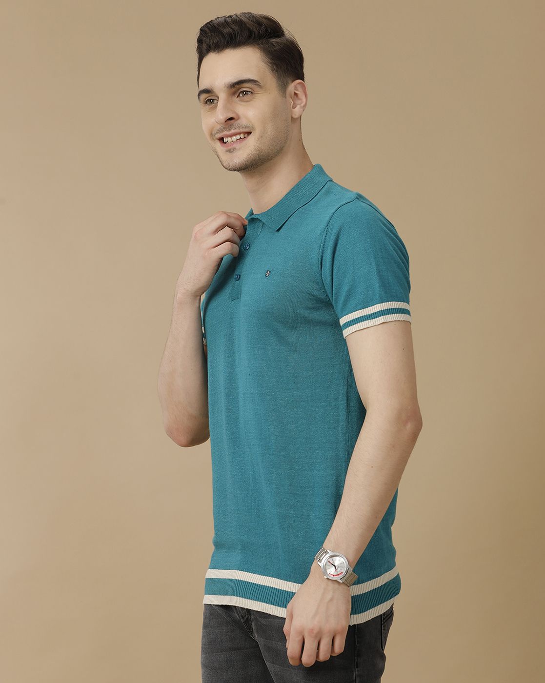 Men's Premium Blended Linen Turquoise Blue Solid Contemporary Fit Half Sleeve Polo Neck Casual T-Shirt