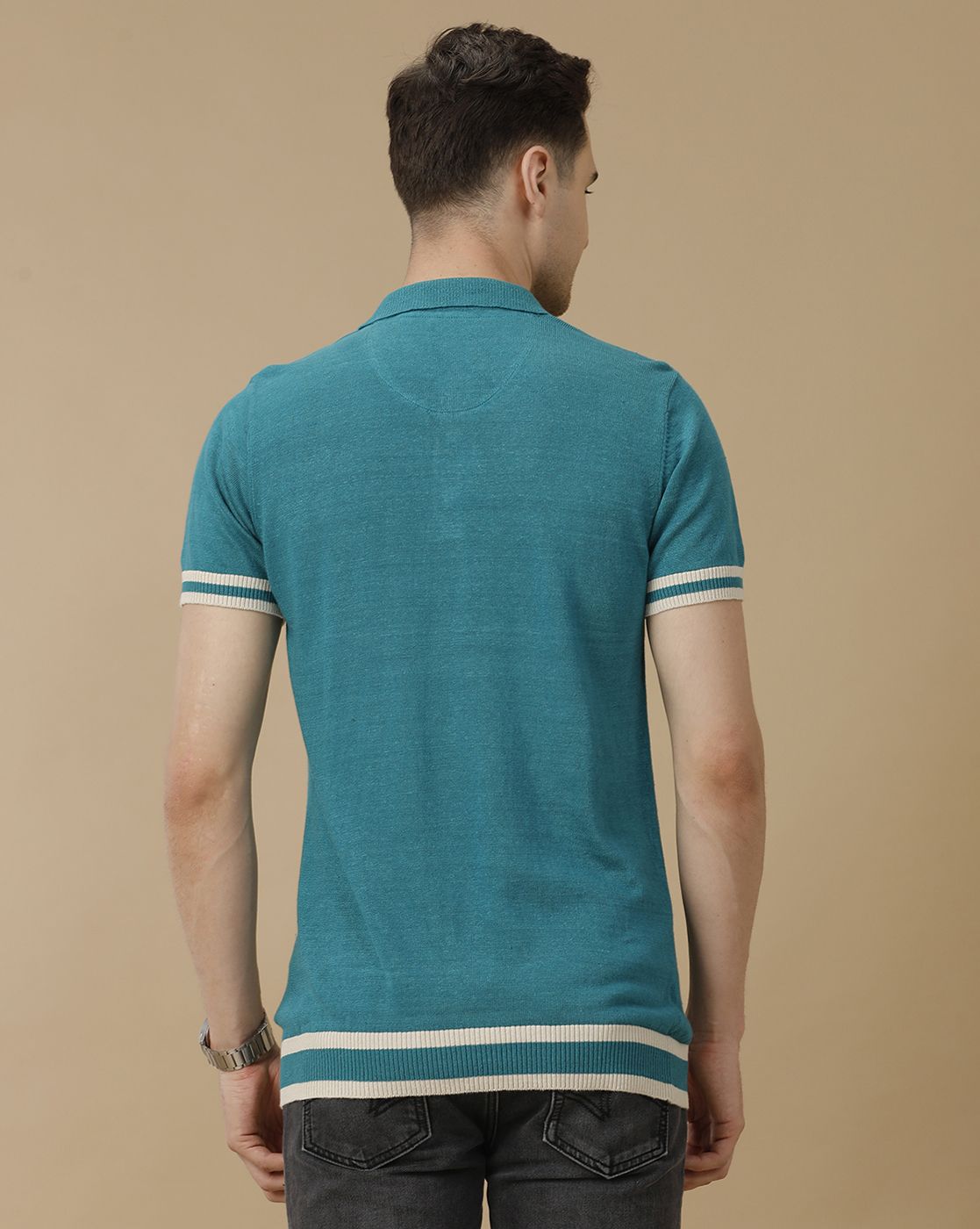 Men's Premium Blended Linen Turquoise Blue Solid Contemporary Fit Half Sleeve Polo Neck Casual T-Shirt