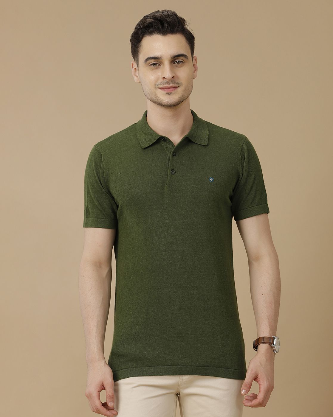 Men's Premium Blended Linen Green Solid Contemporary Fit Half Sleeve Polo Neck Casual T-Shirt