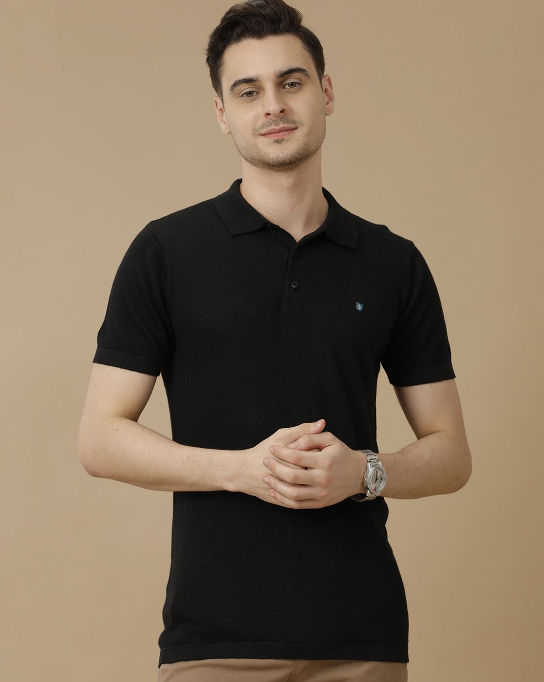Men's Premium Blended Linen Black Solid Contemporary Fit Half Sleeve Polo Neck Casual T-Shirt