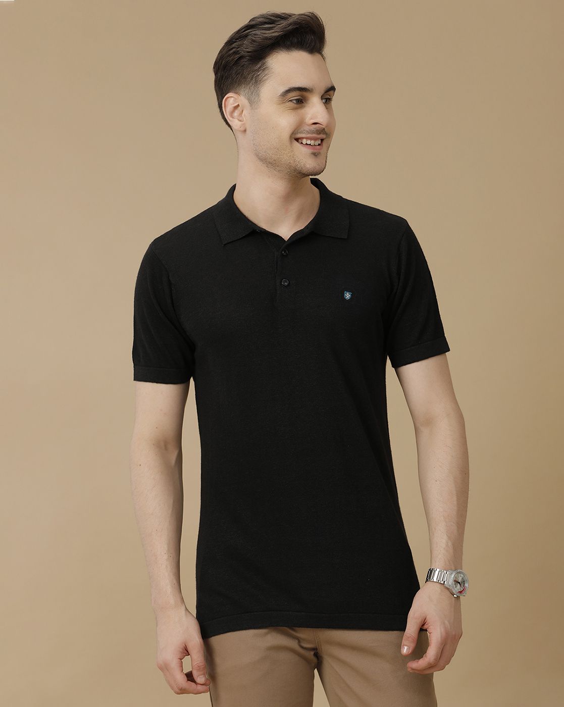 Men's Premium Blended Linen Black Solid Contemporary Fit Half Sleeve Polo Neck Casual T-Shirt