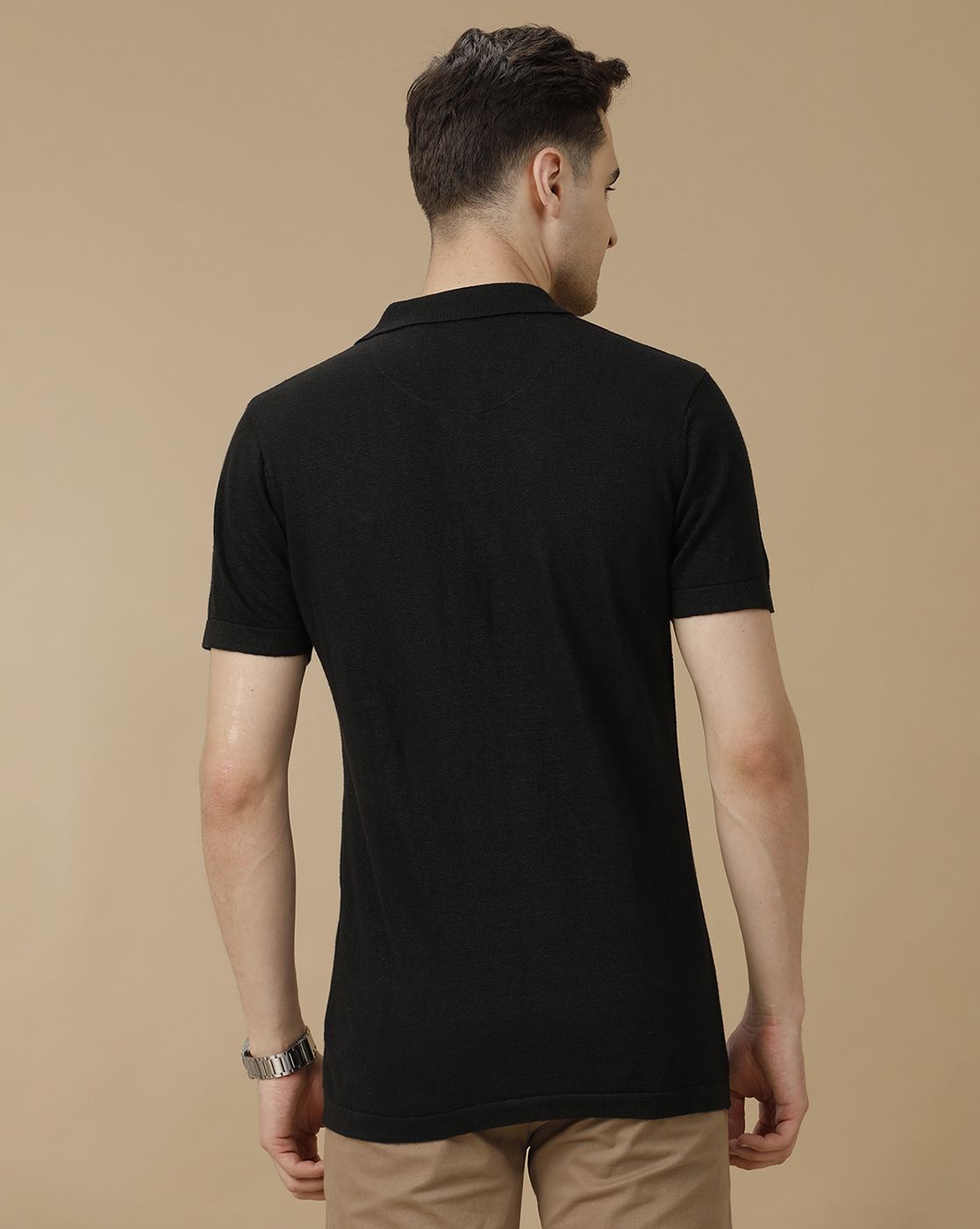 Men's Premium Blended Linen Black Solid Contemporary Fit Half Sleeve Polo Neck Casual T-Shirt