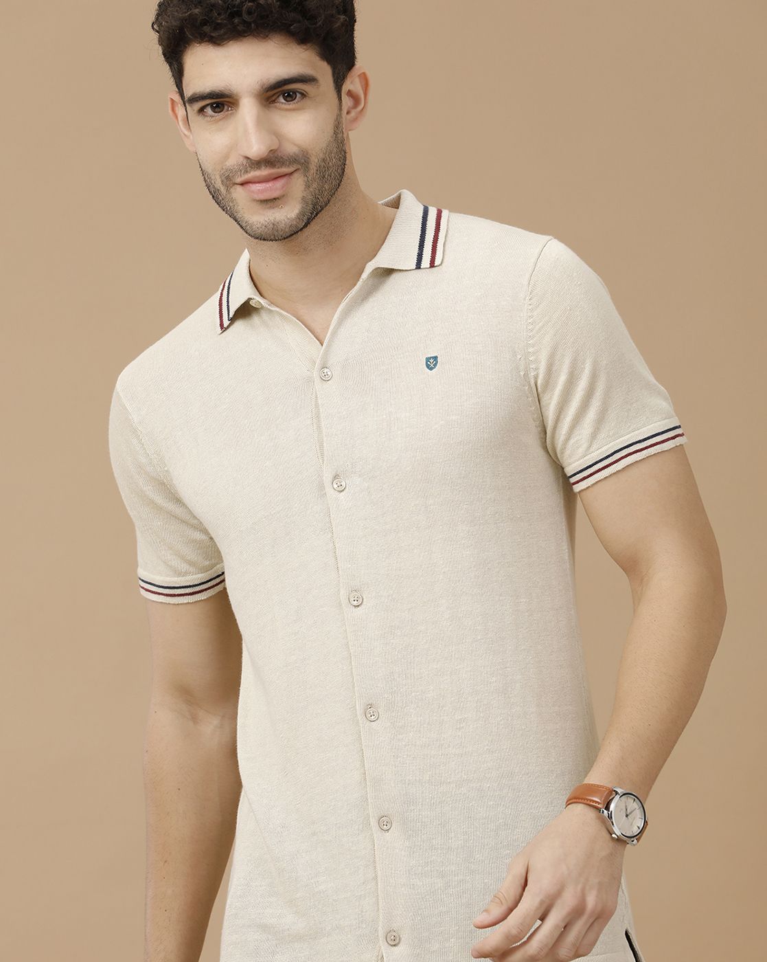 Men's Premium Blended Linen Beige Solid Contemporary Fit Half Sleeve Polo Neck Casual T-Shirt