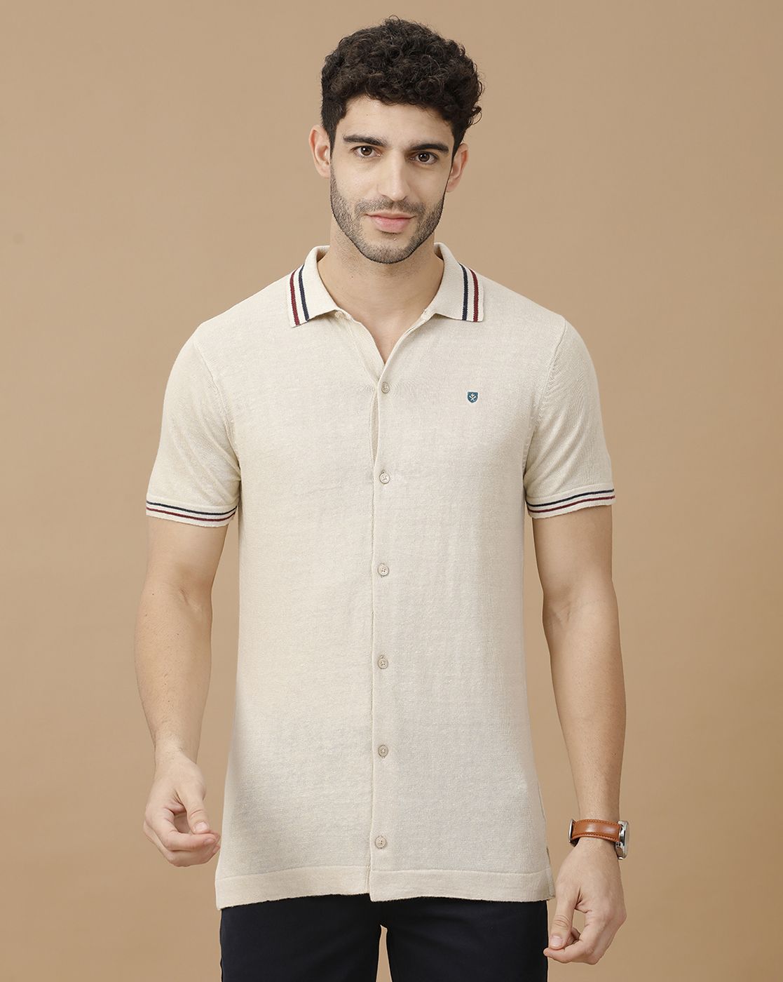 Men's Premium Blended Linen Beige Solid Contemporary Fit Half Sleeve Polo Neck Casual T-Shirt