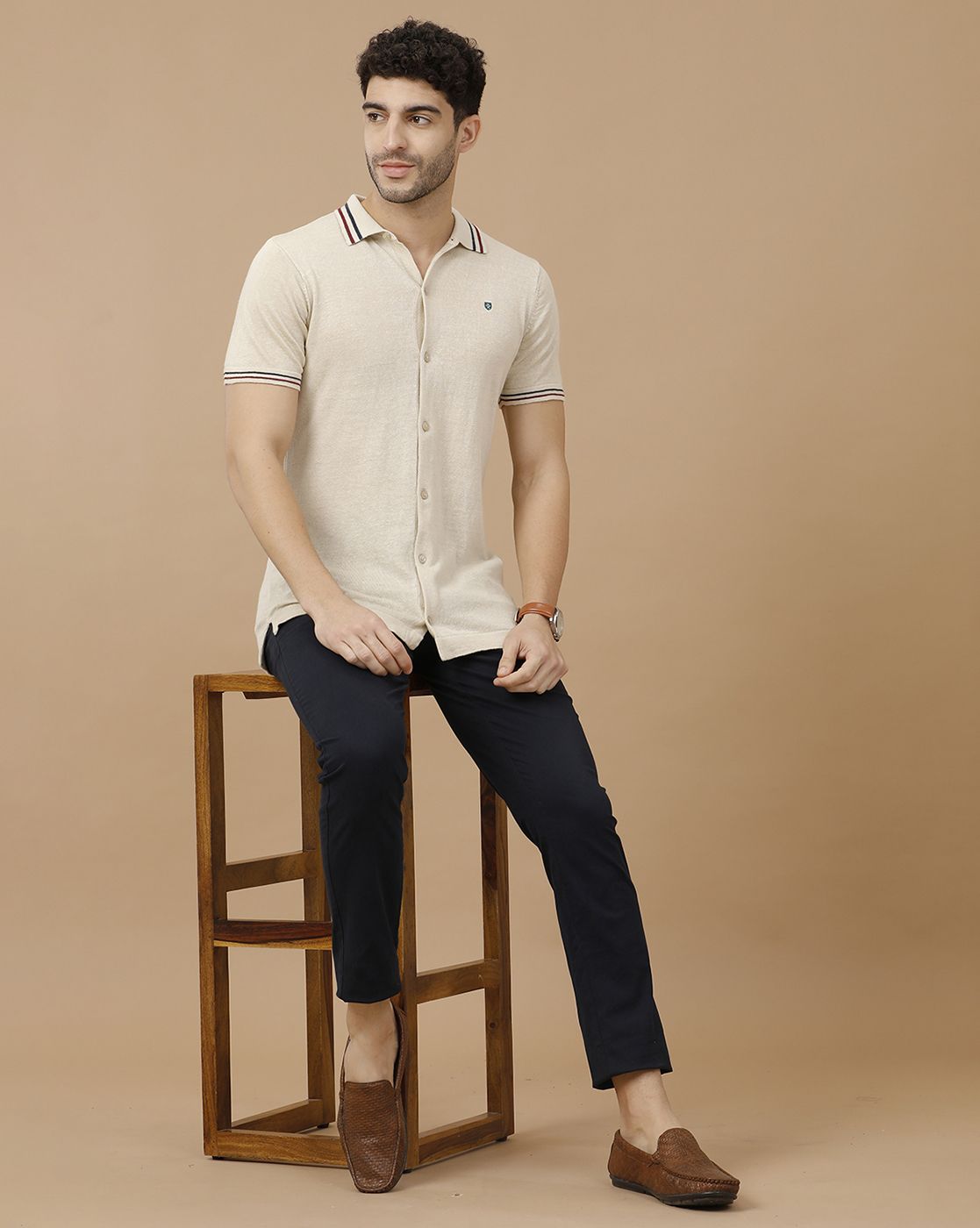 Men's Premium Blended Linen Beige Solid Contemporary Fit Half Sleeve Polo Neck Casual T-Shirt