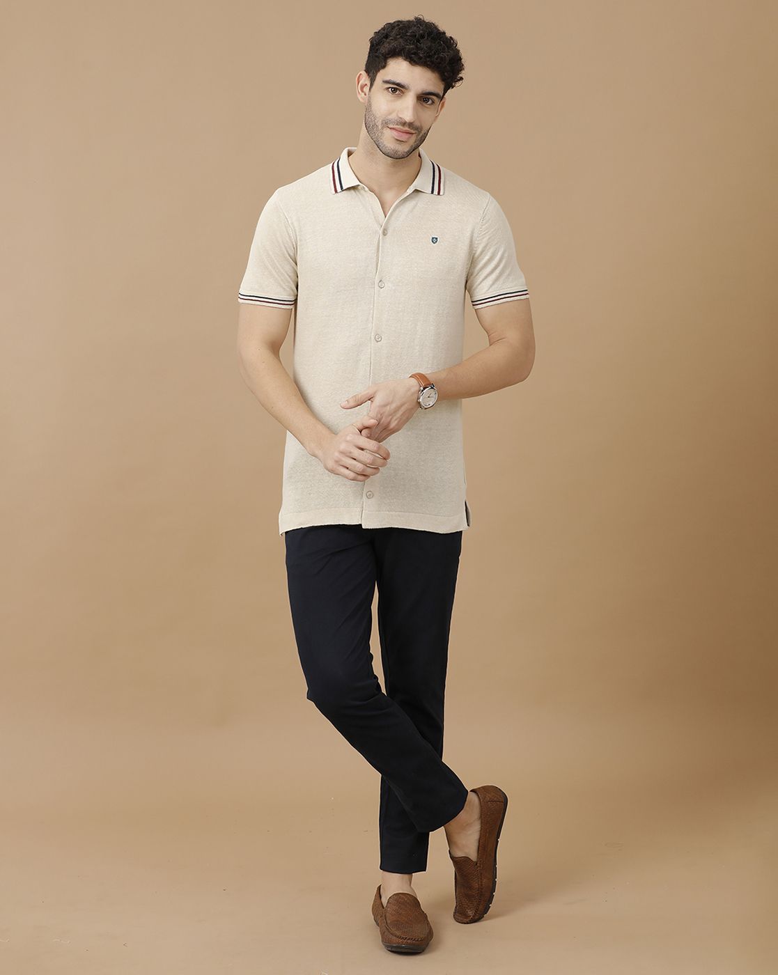 Men's Premium Blended Linen Beige Solid Contemporary Fit Half Sleeve Polo Neck Casual T-Shirt