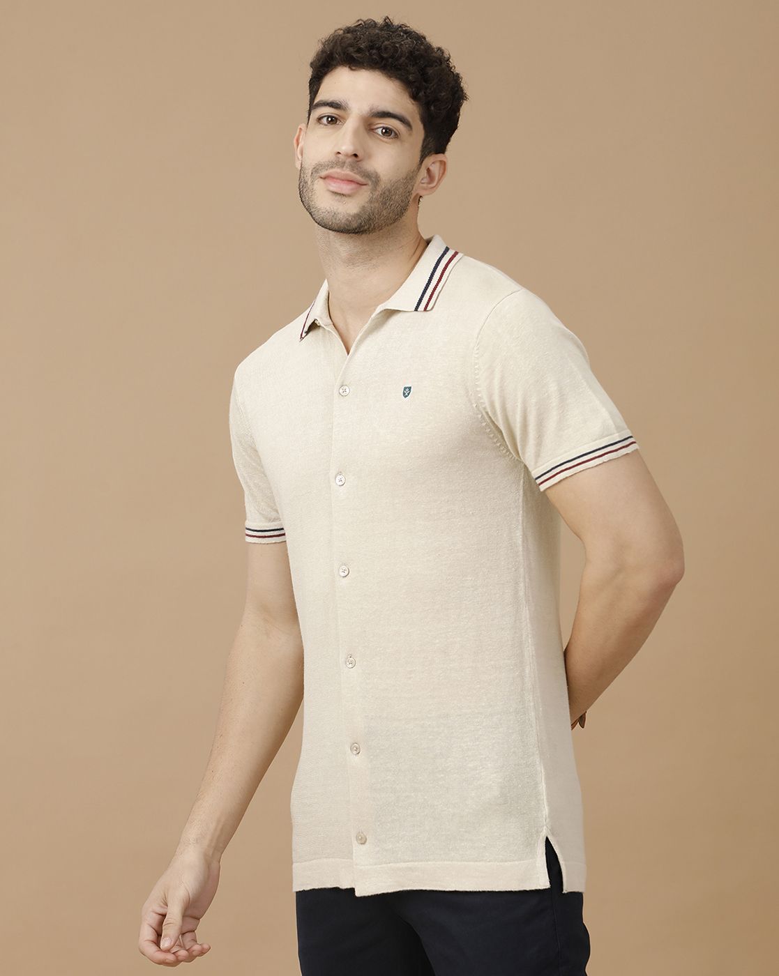 Men's Premium Blended Linen Beige Solid Contemporary Fit Half Sleeve Polo Neck Casual T-Shirt
