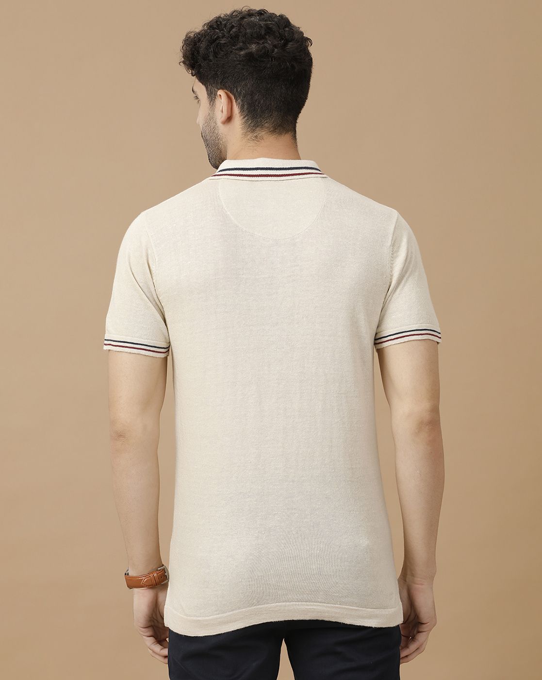 Men's Premium Blended Linen Beige Solid Contemporary Fit Half Sleeve Polo Neck Casual T-Shirt