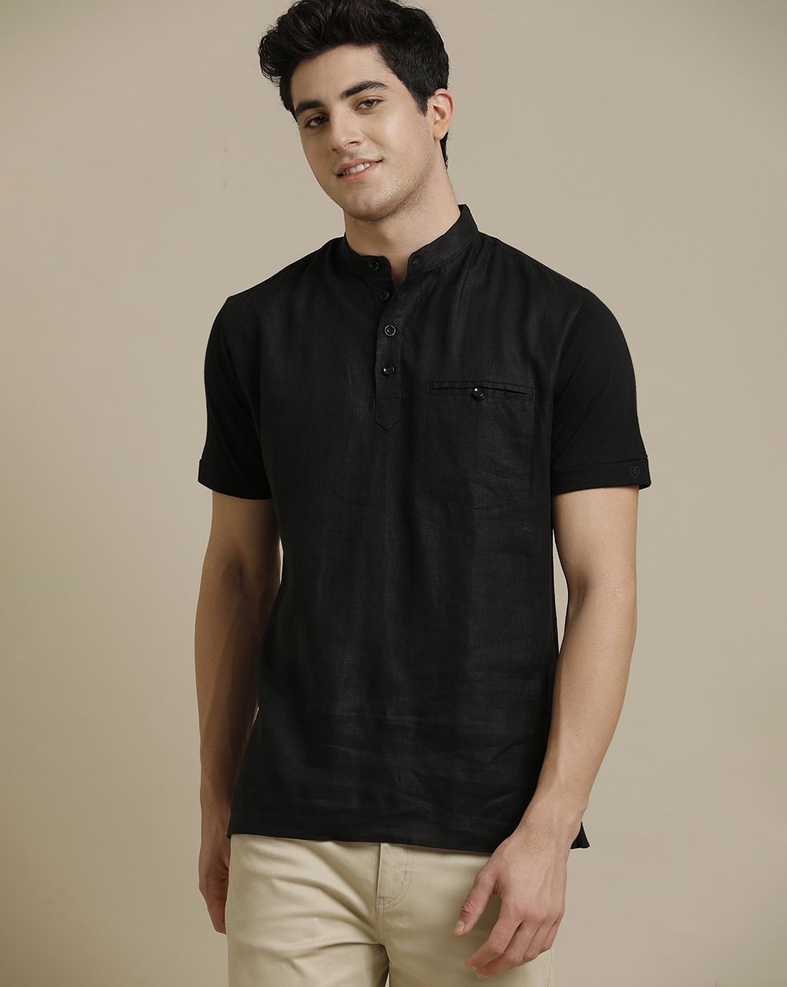 Linen Club Front Woven Back Knit Welt Pocket Black Solid Half Sleeve T-shirt for Men