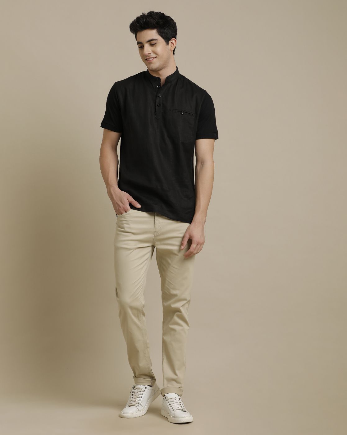 Linen Club Front Woven Back Knit Welt Pocket Black Solid Half Sleeve T-shirt for Men