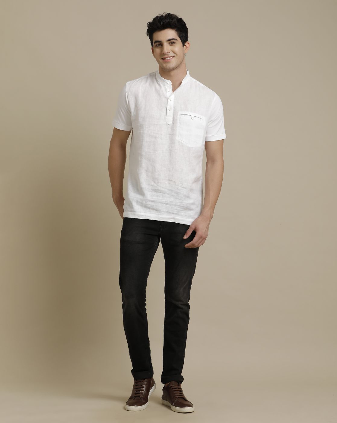 Linen Club Front Woven Back Knit Welt Pocket White Solid Half Sleeve T-shirt for Men