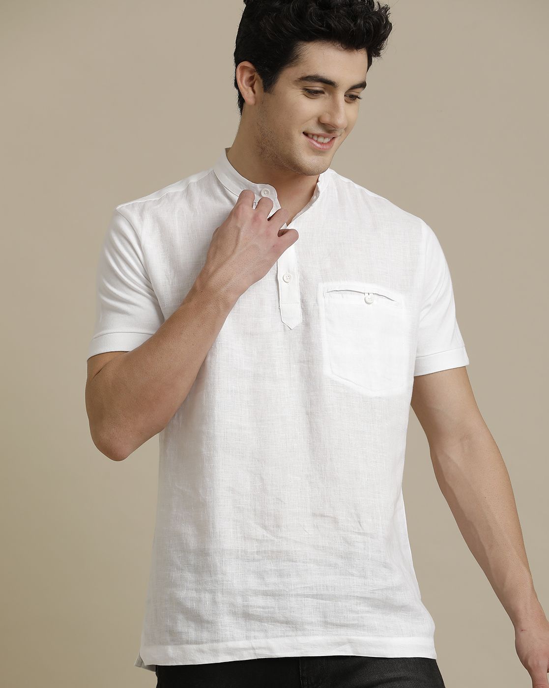 Linen Club Front Woven Back Knit Welt Pocket White Solid Half Sleeve T-shirt for Men