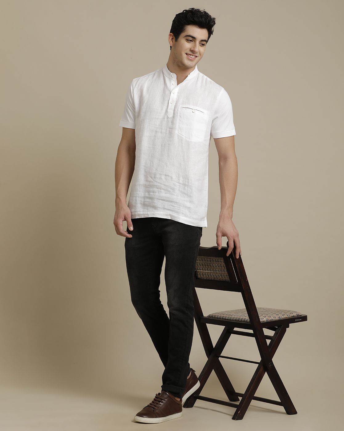 Linen Club Front Woven Back Knit Welt Pocket White Solid Half Sleeve T-shirt for Men