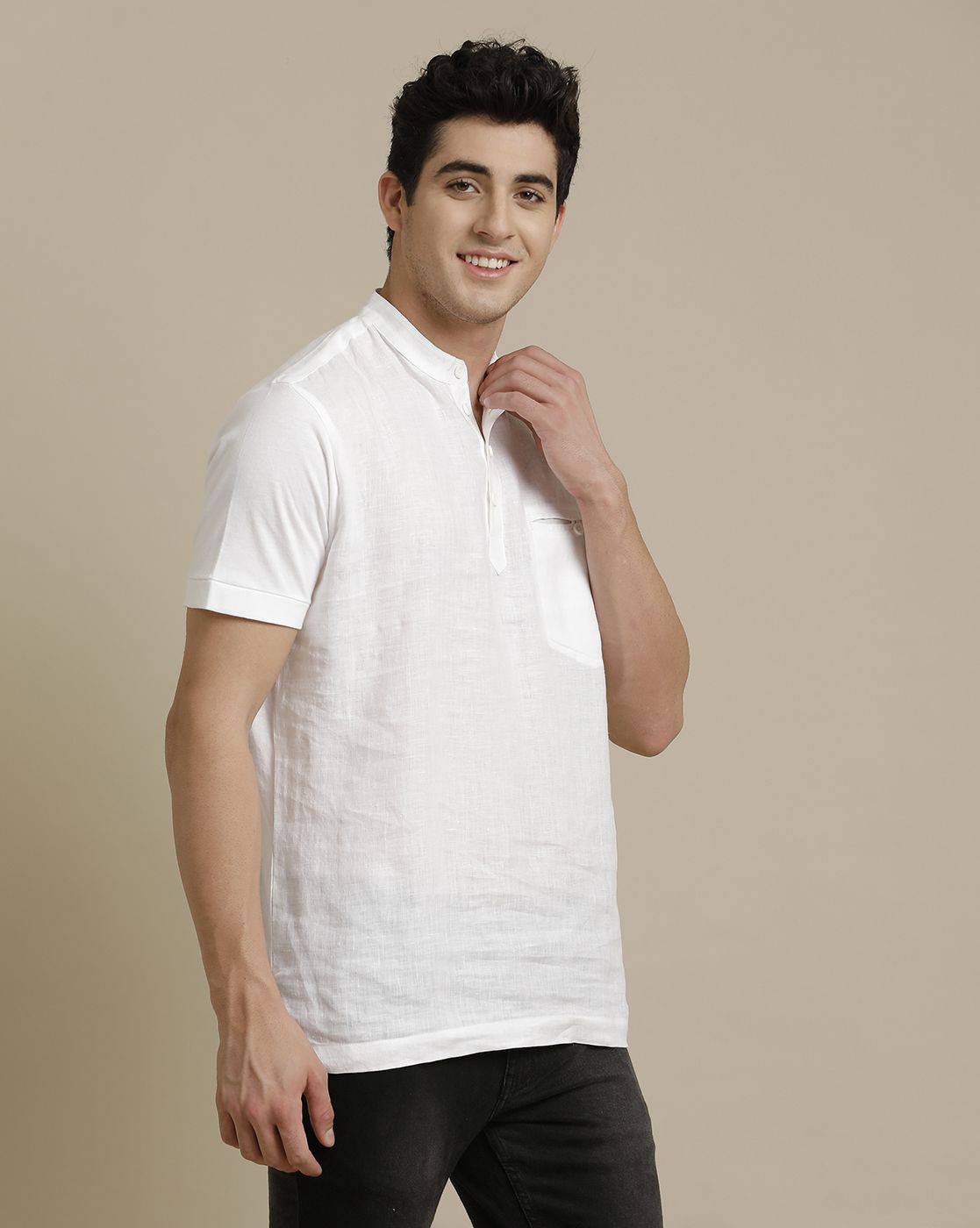 Linen Club Front Woven Back Knit Welt Pocket White Solid Half Sleeve T-shirt for Men