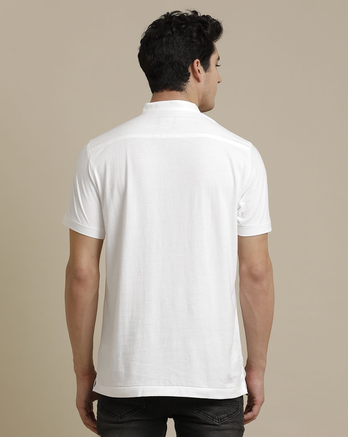 Linen Club Front Woven Back Knit Welt Pocket White Solid Half Sleeve T-shirt for Men