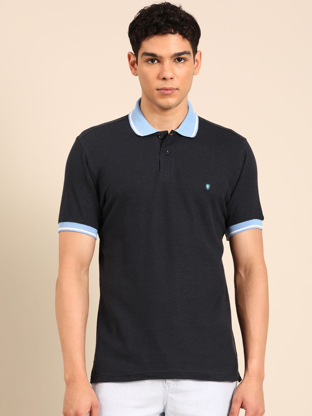 Linen Club Men's Linen Rich Black Solid Contemporary Fit Half Sleeve Polo Neck T-shirts 