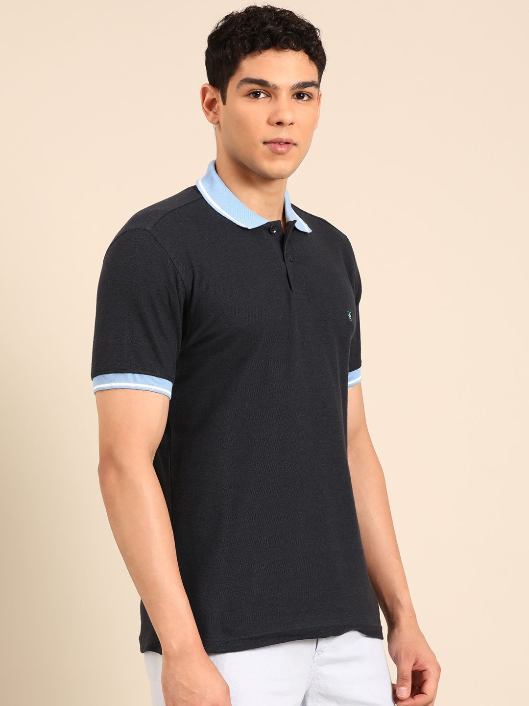 Linen Club Men's Linen Rich Black Solid Contemporary Fit Half Sleeve Polo Neck T-shirts 