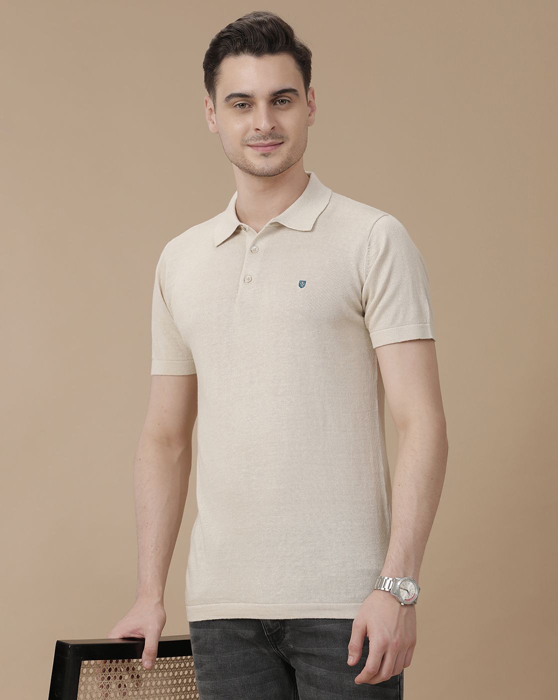 Men's Premium Blended Linen Beige Solid Contemporary Fit Half Sleeve Polo Neck Casual T-Shirt