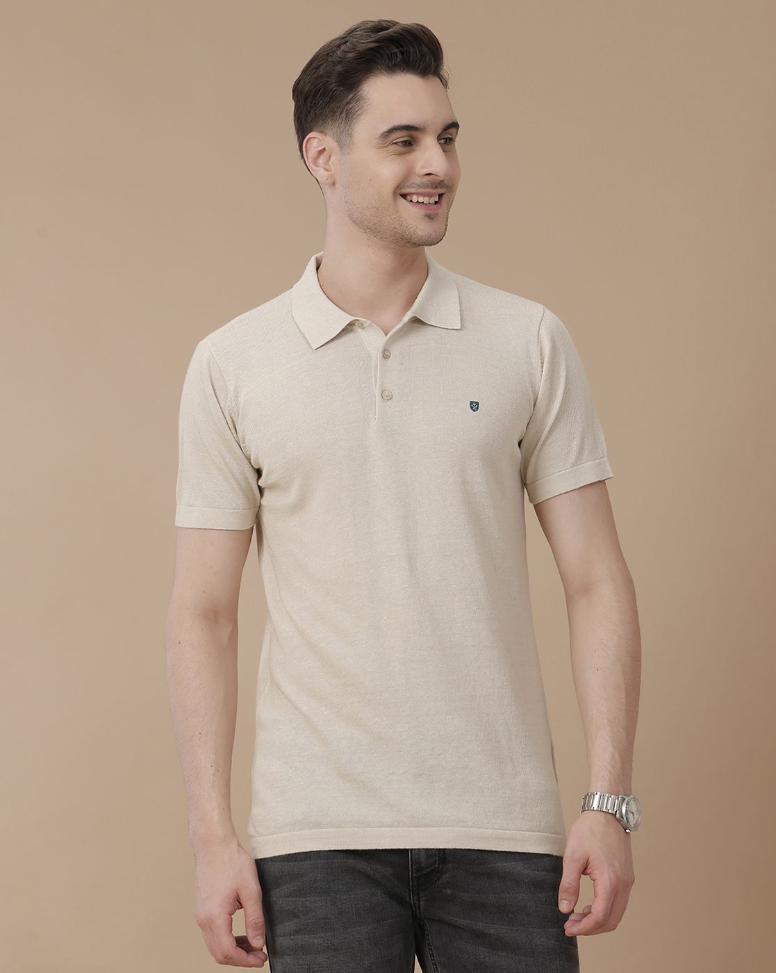 Men's Premium Blended Linen Beige Solid Contemporary Fit Half Sleeve Polo Neck Casual T-Shirt